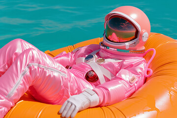 surreal image of an astronaut in a pink suit lounging on an orange float in a turquoise pool. whimsi