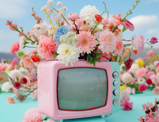 Wall Mural - Surreal image of a vintage pink TV filled with colorful flowers against a sky backdrop. Whimsical and vibrant scene with a pastel aesthetic.