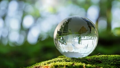 Wall Mural - Lush green grass cradles a delicate glass globe, reflecting a miniature Earth