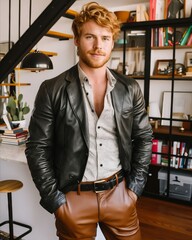 Canvas Print - A man in leather pants and a white shirt.