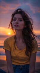 Poster - A beautiful woman sitting on the beach at sunset.