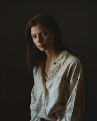 Wall Mural - A woman in white shirt and pants posing for a photo.