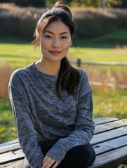 Poster - A woman sitting on a bench in a park.