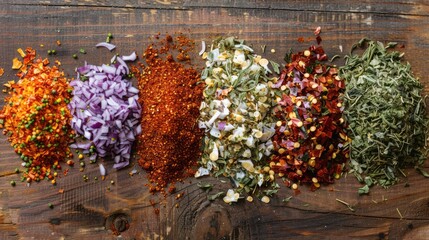 Canvas Print - Assorted vibrant seasonings on a wooden surface