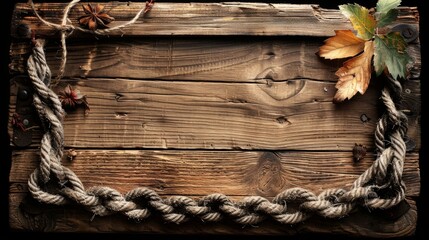 A wooden sign with a rope border and leaves on it