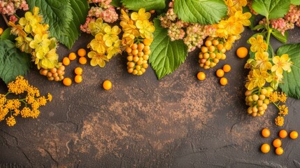 Wall Mural - A close up of a bunch of yellow flowers and berries on a brown surface