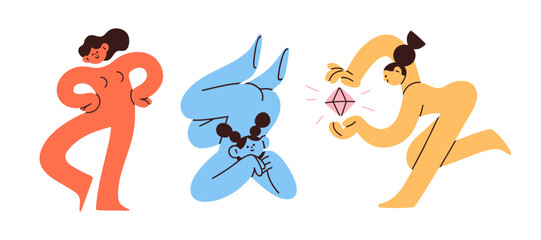 Poster - Funny doodle characters in modern trendy abstract style. Cute creative colorful girls set. Humor playful females. Comic whimsical weird freaky flat vector illustrations isolated on white background