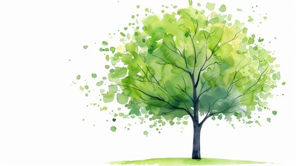 Wall Mural - Vibrant green tree stands tall against a crisp white backdrop, captured in delicate watercolor strokes, symbolizing natures peace.