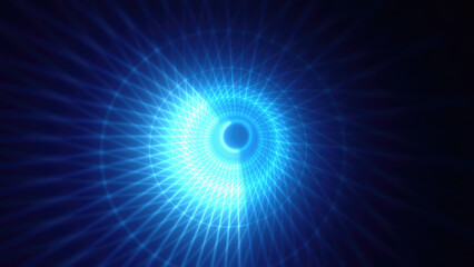 Poster - Abstract bright blue glowing background with a tunnel of lines and stripes of energy of burning rays of plasma and electricity with light