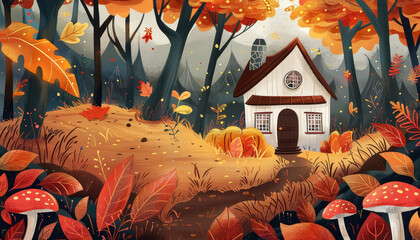 Wall Mural - A painting of a house and a forest with autumn leaves