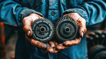 Close-up of a mechanic's dirty hands holding industrial gears, showing detailed engineering components in a workshop setting.