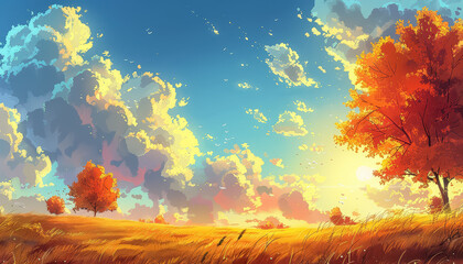 Wall Mural - A beautiful painting of a field with trees and clouds in the sky