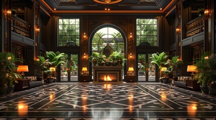 Wall Mural - A luxurious and elegantly designed lobby with large windows showcasing greenery, a cozy fireplace, and ornate furnishings, creating an inviting atmosphere. 