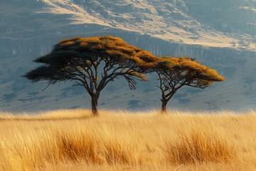 Two acacia trees in golden savannah landscape under clear blue sky.