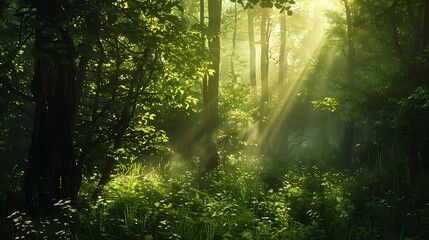 Canvas Print - A disjointed scene of a calm spring forest with the light flowing over foliage