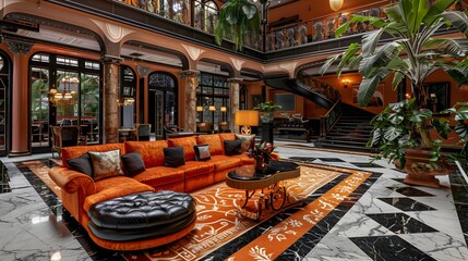 Wall Mural - This luxurious and elegantly designed lobby features a vibrant orange sofa, marble flooring, and lush greenery, creating a warm and inviting atmosphere. 