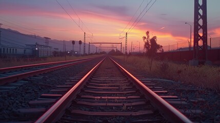 Wall Mural - Beautiful train tracks at sunset