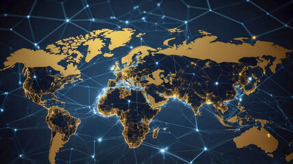 Poster - A world map with illuminated nodes and connecting lines, highlighting a global network of connectivity and communication