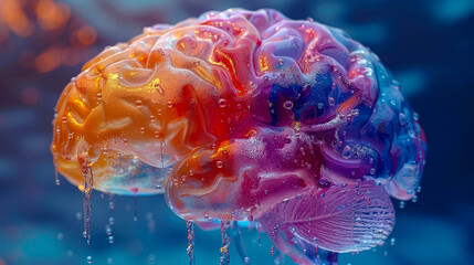Poster - A colorful brain with a rainbow of hues, appearing wet and dripping with water droplets