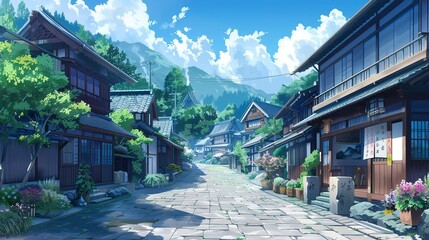 Sticker - Japanese village in anime style 