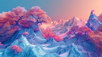 Sticker - an abstract fantasy styled landscape illustration with trees on the alps, generative ai technology 