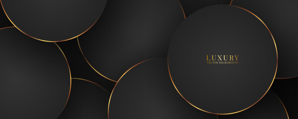 Poster - 3D black luxury abstract background overlap layer on dark space with golden circles effect decoration. Modern graphic design element cutout style concept for web, flyer, art, card or brochure cover
