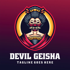 Wall Mural - Vector Logo Illustration Devil Geisha Mascot Cartoon Style.