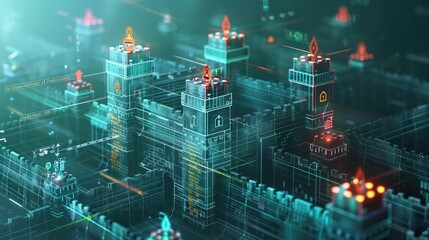 conceptual representation of budget control as a digital fortress, with walls and towers labeled with various financial strategies and defenses