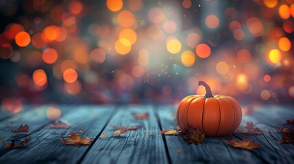 Wall Mural - Beautiful pumpkin on a wooden floor. Festive Halloween bokeh background with empty space. 