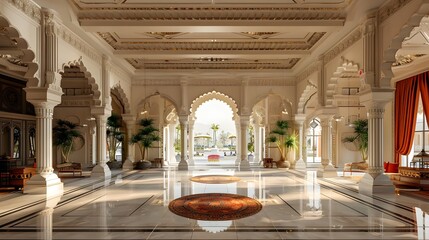 Wall Mural - A grand and luxurious hotel lobby showcasing ornate architecture, elegant furnishings, and abundant natural light, creating an inviting atmosphere. 