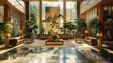 Wall Mural - A serene and spacious hotel lobby featuring elegant furniture, lush indoor plants, and large windows that provide natural light, creating a welcoming atmosphere for guests. 