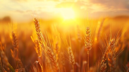 Sticker - Banner with ears of golden wheat over sunset sky. Close up beauty nature field background with sun flare. Ripening ears of meadow wheat field. Rich harvest. Beautiful summer or autumn nature backdrop