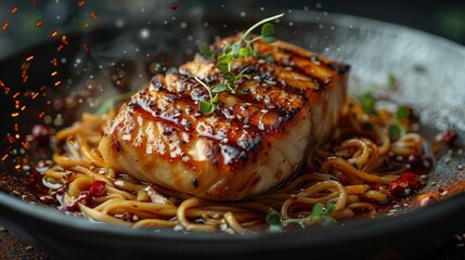 Wall Mural - Grilled fish on noodles with garnish - generative ai