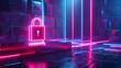 © NiponTK - Futuristic neon lock in a digital environment representing cybersecurity and data protection with vibrant pink and blue lights.