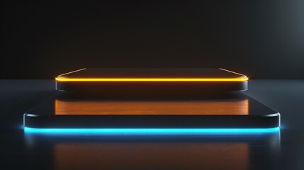 Two modern smartphones with illuminated edges, one glowing orange and the other blue, on a dark reflective surface, highlighting futuristic design.