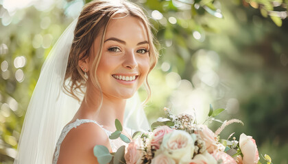 Wall Mural - A bride is smiling and holding a bouquet of flowers