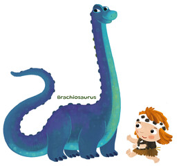 caveman human cartoon happy and funny colorful prehistoric dinosaur dino brachiosaurus isolated illustration with child pointing on animal