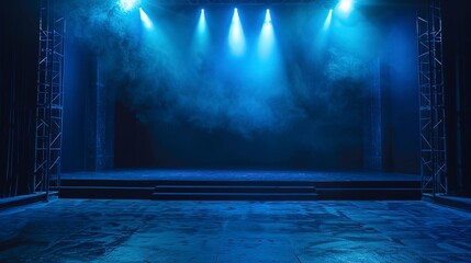 Poster - The dark stage shows dark blue background an empty dark scene neon light 