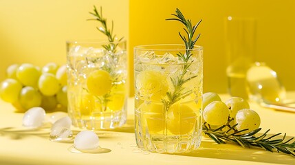 Wall Mural - Beverages on a yellow theme with grapes rosemary and chilled water