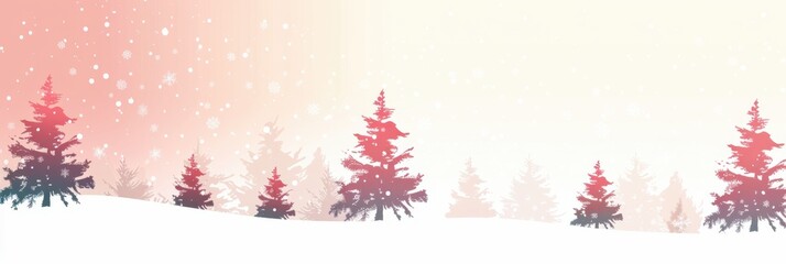 Minimalistic winter landscape with pines and snow, red colors