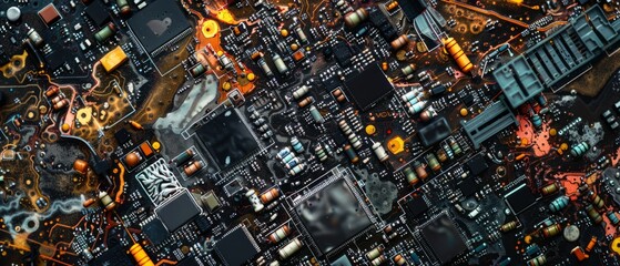 Panoramic close-up, high detail scan of electronic components texture, Generative AI