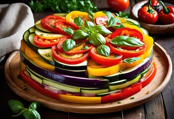 Wall Mural - delicious savory ratatouille dish featuring colorful fresh hearty ingredients perfect any meal, vegetable, herbs, cooking, recipe, cuisine, healthy