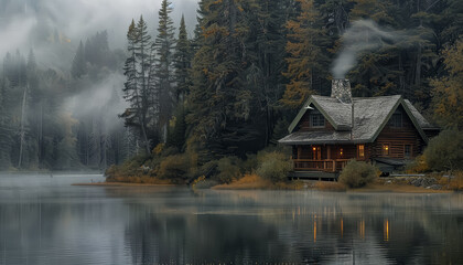 Wall Mural - A cabin is sitting on a lake with smoke coming out of the chimney