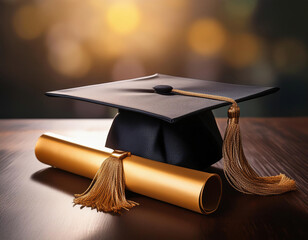 Graduation cap and diploma on wooden table with bokeh background