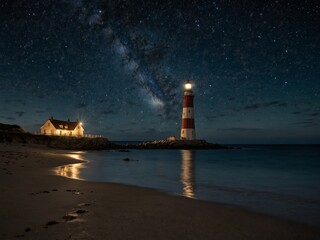 Wall Mural - A beach at night with a sky full of stars and a distant lighthouse flashing.