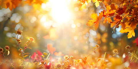 Sticker - Vibrant Autumn Landscape with Sunlit Foliage and Fresh Blossoms in a Warm Golden Glow. autumn scene, banner