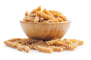 Wall Mural - Uncooked whole grain pasta isolated on white background. Raw fusilli  in bowl