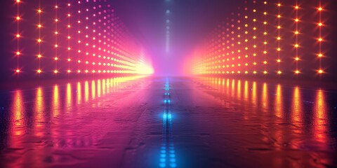 Poster - Vibrant neon lights on a stage, creating an abstract and colorful atmosphere for concerts and events, showcasing modern technology and visual artistry in a dynamic display