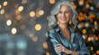 © Mary Salen - Mature stylish woman close up portrait silver festive well fitted shirt and elegant earrings. Healthy face skin care, skincare fitness, dental. Defocused Christmas party holiday background, copy space