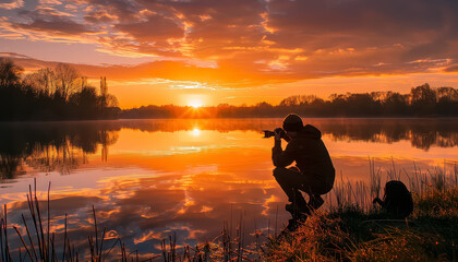 Wall Mural - A man is taking a picture of the sunset over a lake